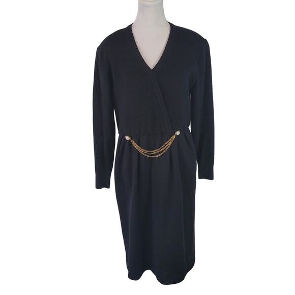 Talbots Size 8p Vintage 100% Wool Sweater Dress Pearl Chain Attached Belt - Picture 1 of 10
